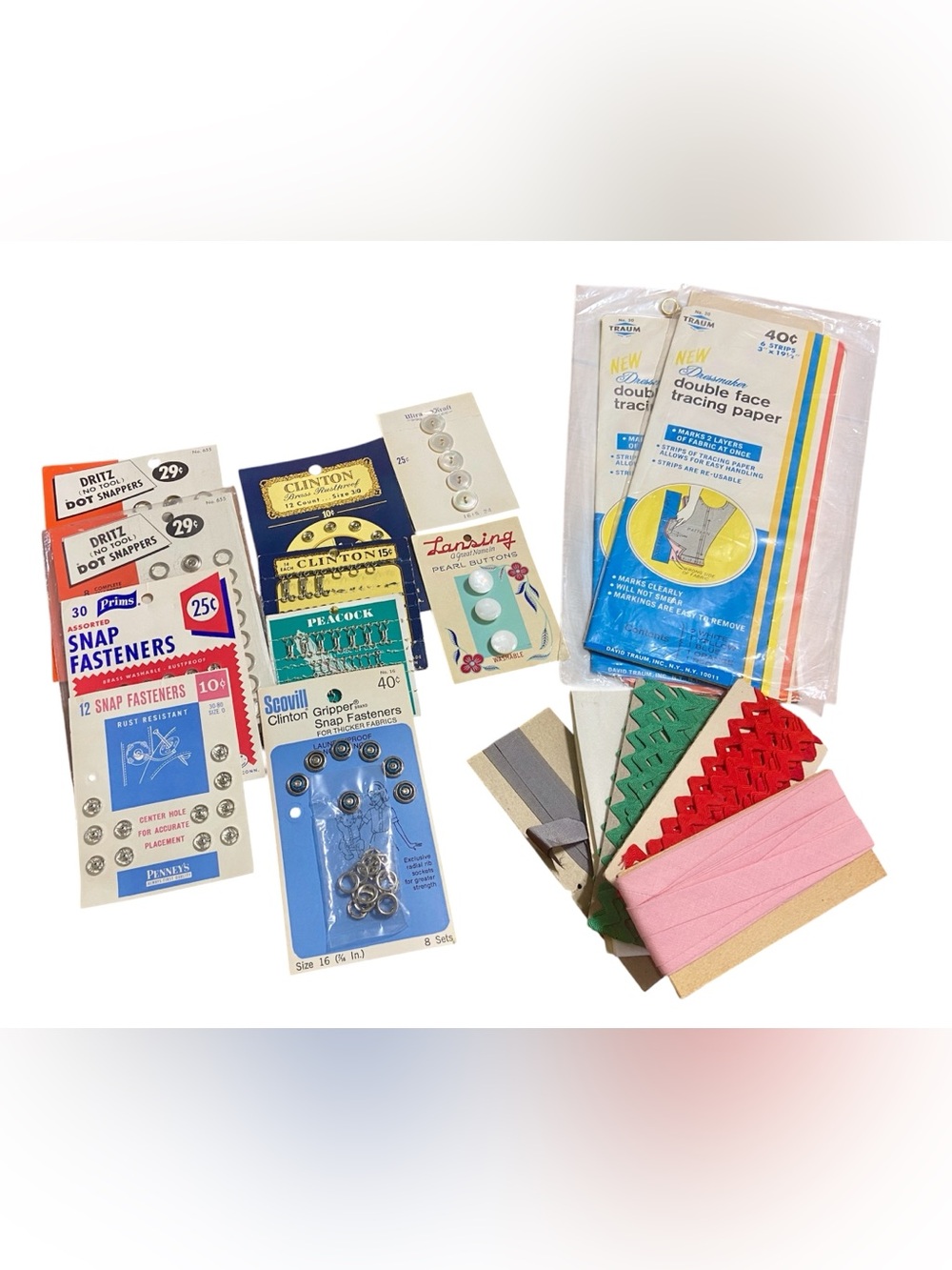 Vintage Sewing Notions Assortment with Buttons Rick Rack Trim Snaps